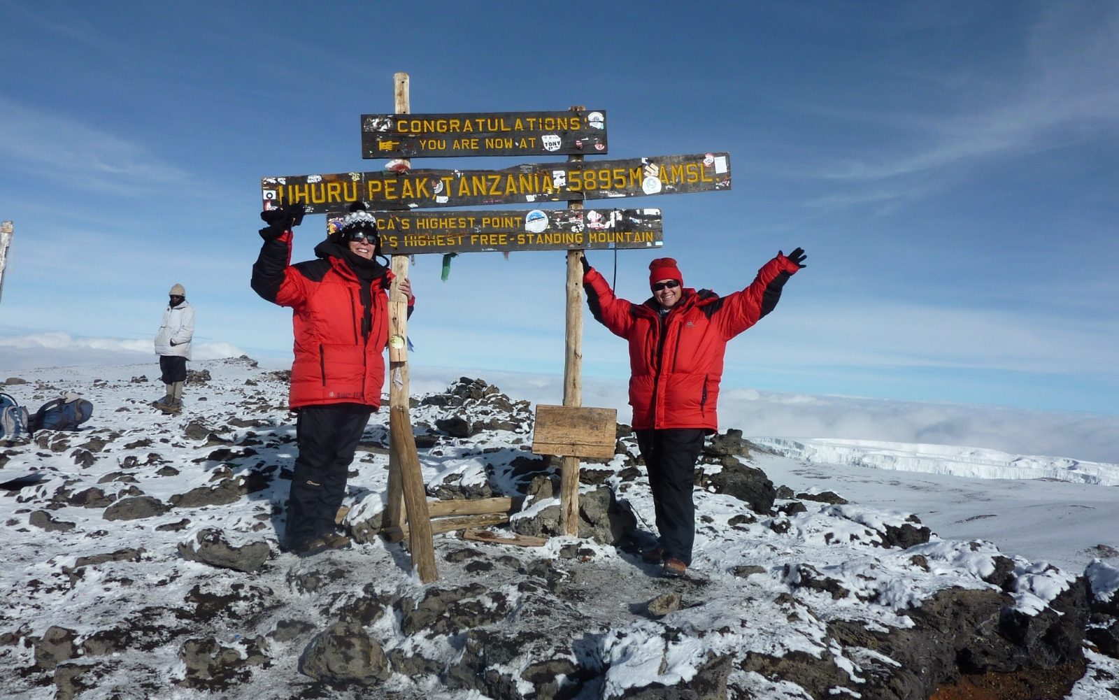 Climbers celebrating at Uhuru Peak, Mount Kilimanjaro summit